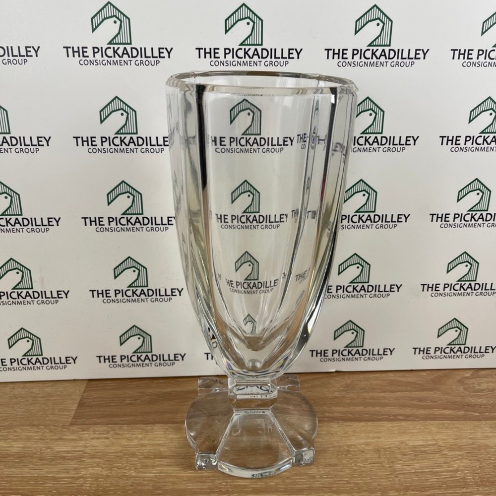 Heavy Clear Lead Crystal Paneled Tapered Flower Vase Square Pedestal Base 10.5in